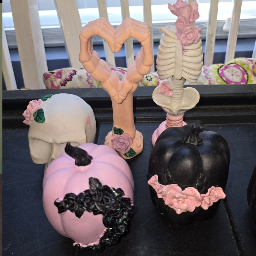 Gothic Pink and Black Skeleton Candle Holders